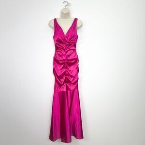 Cache Women’s 90s Fuchsia Pink Satin Draped Runoff Fitted Mermaid Sleeveless Gow